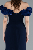 Navy Blue Boat Neck Slit Stone Long Evening Gown ABU4696