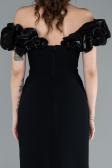 Black Boat Neck Slit Stone Long Evening Gown ABU4696