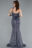 Navy Blue One Shoulder Slit Long Glitter Mermaid Evening Gown ABU4697