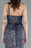 Navy Blue One Shoulder Slit Long Glitter Mermaid Evening Gown ABU4697