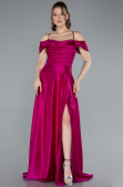 Fuchsia Off The Shoulder Slit Long Satin Prom Dress ABU4703