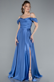 Indigo Off The Shoulder Slit Long Satin Prom Dress ABU4703