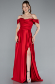 Red Off The Shoulder Slit Long Satin Prom Dress ABU4703