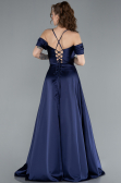 Navy Blue Off The Shoulder Slit Long Satin Prom Dress ABU4703