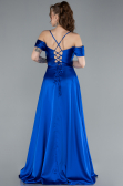 Sax Blue Off The Shoulder Slit Long Satin Prom Dress ABU4703