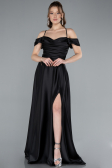 Black Off The Shoulder Slit Long Satin Prom Dress ABU4703