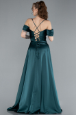 Emerald Green Off The Shoulder Slit Long Satin Prom Dress ABU4703