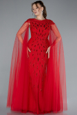 Red Beaded Cape Long Haute Couture Dress ABU4707