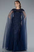 Navy Blue Beaded Cape Long Haute Couture Dress ABU4707