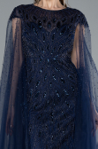 Navy Blue Beaded Cape Long Haute Couture Dress ABU4707