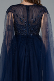 Navy Blue Beaded Cape Long Haute Couture Dress ABU4707