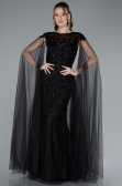 Black Beaded Cape Long Haute Couture Dress ABU4707