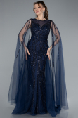 Navy Blue Beaded Cape Long Haute Couture Dress ABU4709