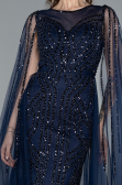 Navy Blue Beaded Cape Long Haute Couture Dress ABU4709