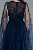 Navy Blue Beaded Cape Long Haute Couture Dress ABU4709