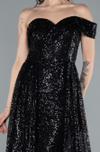 Black One Shoulder Taıled Sequined Long Evening Gown ABU4691