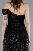 Black One Shoulder Taıled Sequined Long Evening Gown ABU4691