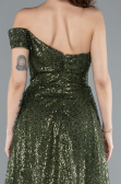 Olive Drab One Shoulder Taıled Sequined Long Evening Gown ABU4691
