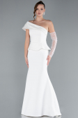 White Sequined One Shoulder Peplum Long Evening Gown ABU4730