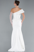 White Sequined One Shoulder Peplum Long Evening Gown ABU4730
