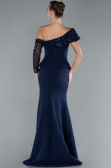 Navy Blue Sequined One Shoulder Peplum Long Evening Gown ABU4730