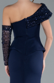 Navy Blue Sequined One Shoulder Peplum Long Evening Gown ABU4730