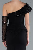 Black Sequined One Shoulder Peplum Long Evening Gown ABU4730