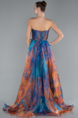 Oil Blue Strapless Printed Slit Long Prom Gown ABU4734