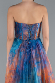 Oil Blue Strapless Printed Slit Long Prom Gown ABU4734