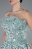 Mint Feathered Strapless Embroidered Long Princess Prom Dress ABU4738