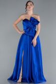 Sax Blue Strapless Slit Long Satin Prom Dress ABU4680