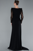 Black Stoned Long Sleeve Slit Chiffon Evening Gown ABU4732
