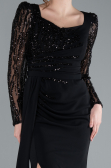 Black Stoned Long Sleeve Slit Chiffon Evening Gown ABU4732