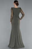 Olive Drab Stoned Long Sleeve Slit Chiffon Evening Gown ABU4732
