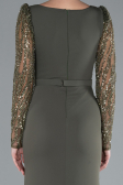 Olive Drab Stoned Long Sleeve Slit Chiffon Evening Gown ABU4732