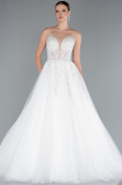 White Strapless Long Neckline Stoned Princess Wedding Dress ABG034