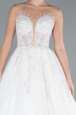 White Strapless Long Neckline Stoned Princess Wedding Dress ABG034
