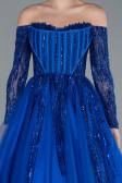 Sax Blue Sequined Long Sleeve Boat Neck Long Princess Dress ABU4719