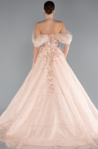 Salmon Boat Neck Embroidered Long Special Design Princess Dress ABU4720