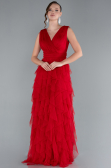 Red V Neck Layered Tulle Long Prom Dress ABU4723