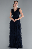 Navy Blue V Neck Layered Tulle Long Prom Dress ABU4723
