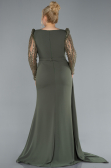 Olive Drab Stoned Long Sleeve Slit Chiffon Formal Plus Size Dress ABU4733
