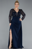 Navy Blue Sequined Long Sleeve Tail Plus Size Evening Gown ABU4711