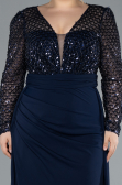 Navy Blue Sequined Long Sleeve Tail Plus Size Evening Gown ABU4711