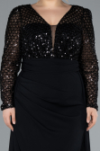 Black Sequined Long Sleeve Tail Plus Size Evening Gown ABU4711