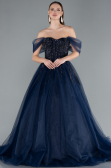 Navy Blue Off The Shoulder Stoned Ball Gown Prom Dress ABU4762