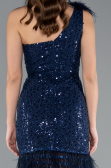 Navy Blue Feathered One Shoulder Short Scaly Evening Dress ABK2256
