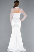 White Long Sleeve Bustier Detailed Sequin Train Satin Evening Gown ABU4765