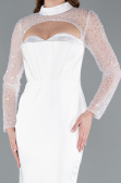 White Long Sleeve Bustier Detailed Sequin Train Satin Evening Gown ABU4765