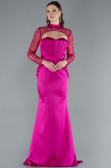 Fuchsia Long Sleeve Bustier Detailed Sequin Train Satin Evening Gown ABU4765